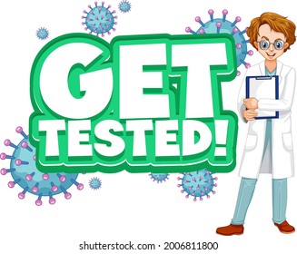 Get Tested font in cartoon style with a doctor man cartoon character isolated illustration