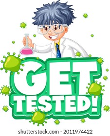 Get Tested font in cartoon style with scientist man cartoon character isolated illustration