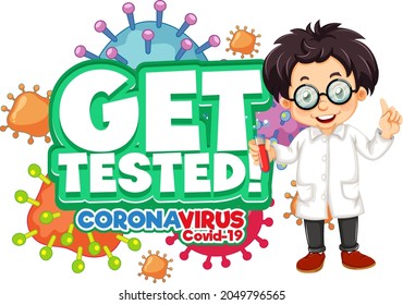 Get Tested font in cartoon style with a doctor man cartoon character isolated illustration