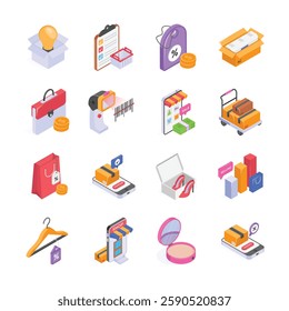 Get this amazing ecommerce and retail business process isometric icons in trendy design style
