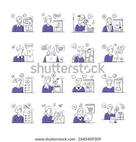 Get this amazing illustration set depicts various stages of e-commerce and online retail transactions
