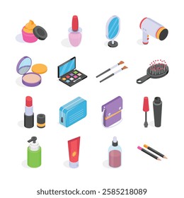 Get this amazing makeup and beauty products isometric icons set