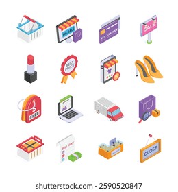 Get this amazing shopping ecommerce icons set in isometric style