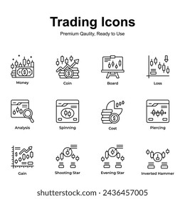 Get this amazing trading icons set in trendy design style, up for premium use