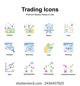 Get this amazing trading icons set in trendy design style, up for premium use
