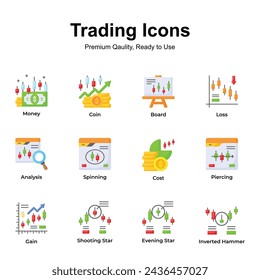Get this amazing trading icons set in trendy design style, up for premium use