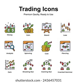 Get this amazing trading icons set in trendy design style, up for premium use
