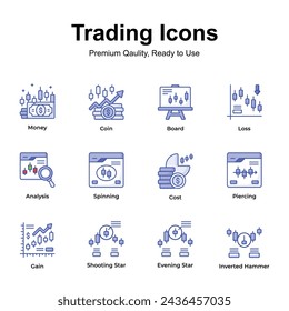 Get this amazing trading icons set in trendy design style, up for premium use