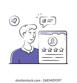 Obtenga esta hermosa ilustración de un Cliente que da reseñas de estrellas a una tienda de comercio electrónico.