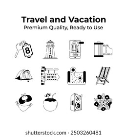 Get this beautifully designed travel and vacation icons set