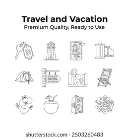 Get this beautifully designed travel and vacation icons set