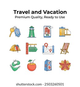 Get this beautifully designed travel and vacation icons set