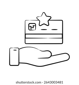 Get this captivating drawing style icon showing hand offering a loyalty card