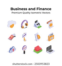 Sichern Sie sich dieses sorgfältig entworfene isometrische Icon-Set für Unternehmen und Finanzen