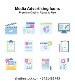 Get this creatively crafted unique icons of media advertising in modern style