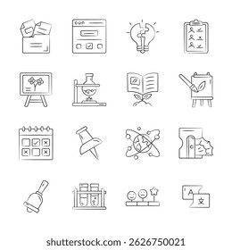 Get this hand drawn pack of study and school supplies icons