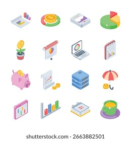 Obtenga este práctico Paquete de iconos de estilo isométrico de planificación empresarial