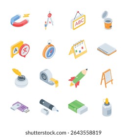 Get this handy bundle of school items isometric style icons