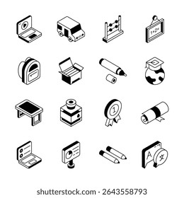 Get this handy bundle showing educational material isometric style icons
