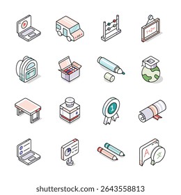 Get this handy bundle showing educational material isometric style icons