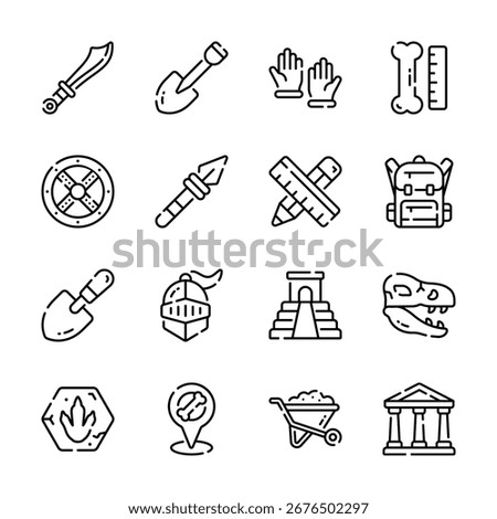 Get this handy collection of archeology research outline style icons