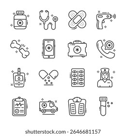 Get this handy collection of hospital and healthcare outline style icons