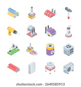 Get this latest collection depicting industrial manufacturing isometric icons