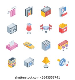 Get this latest collection of hotel and restaurant equipment isometric icons