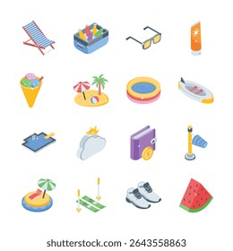 Get this modern bundle of travel and holiday adventure isometric icons