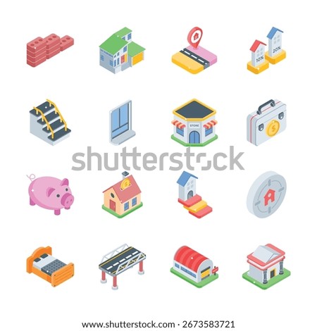 Get this modern collection showing housing isometric style icons
