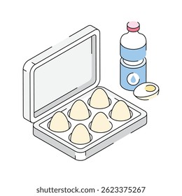 Obtenga este icono isométrico moderno de la bandeja de huevos hervidos con botella
