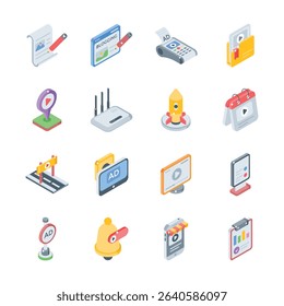Get this premium collection of digital publicity isometric style icons