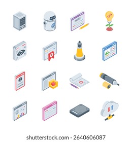 Get this premium collection of digital publicity isometric style icons