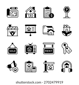Get this premium collection of real estate world solid icons