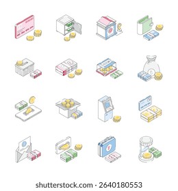 Get this premium collection showing finance and money isometric icons
