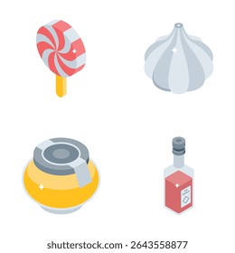 Get this premium pack of food items and drink isometric style icons