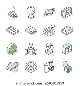 Get this Trendy collection of science and technology isometric icons