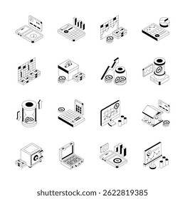 Get this trendy collection showing business and finance isometric icons