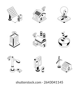 Get this trendy collection showing smart city isometric outline icons