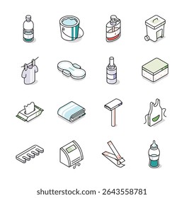 Get this trendy collection showing hygiene products isometric style icons