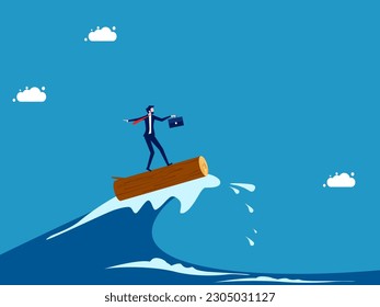 Get through the crisis with effort. Businessman surfing sea waves with sticks
