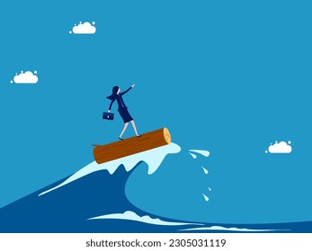 Get through the crisis with effort. Businesswoman surfing sea waves with sticks