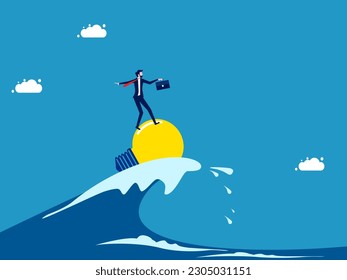 Get through the crisis with knowledge. Businessman surfing the ocean waves with a light bulb
