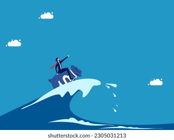 Get through the crisis with money and leadership vision. Businessman leader surfing sea waves with money bag