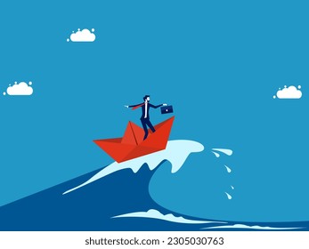 Get through the crisis with patience. Businessman surfing sea waves with paper boat