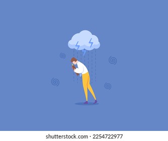 get in trouble, bad day, and bad mood. problems in employment or business. a man who is sad and depressed from being laid off or fired. poured by rained and lightning. illustration concept design