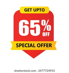 Get Upto 65 percent off Special offer. Red and yellow template on white background. Vector illustration
