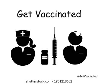 Get Vaccinated Doctor and Nurse Icon. Black and White EPS Vector Illustration. 