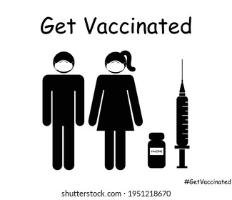 Get Vaccinated Stick Figure Man Woman Couple with Mask. Black and White EPS Vector Icon Illustration Artwork