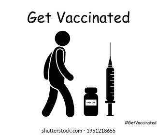 Get Vaccination Stick Figure Man Walking. Black and White EPS Vector Icon Illustration Artwork. 